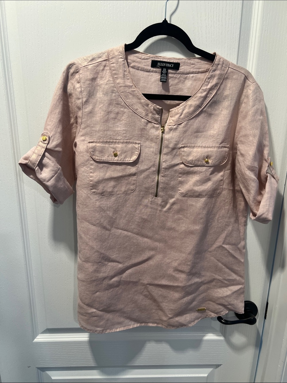 Ellen Tracy Blush Pink Zip-Front Linen Top